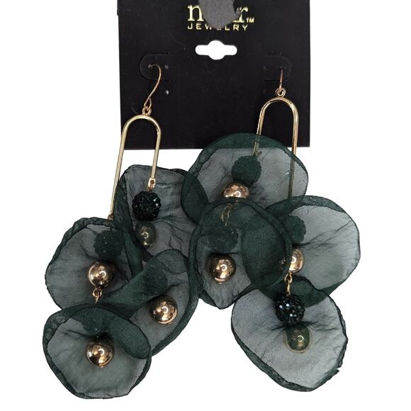 Noir Green Organza Petal Earrings with Gold Beads - Picture 7 of 7